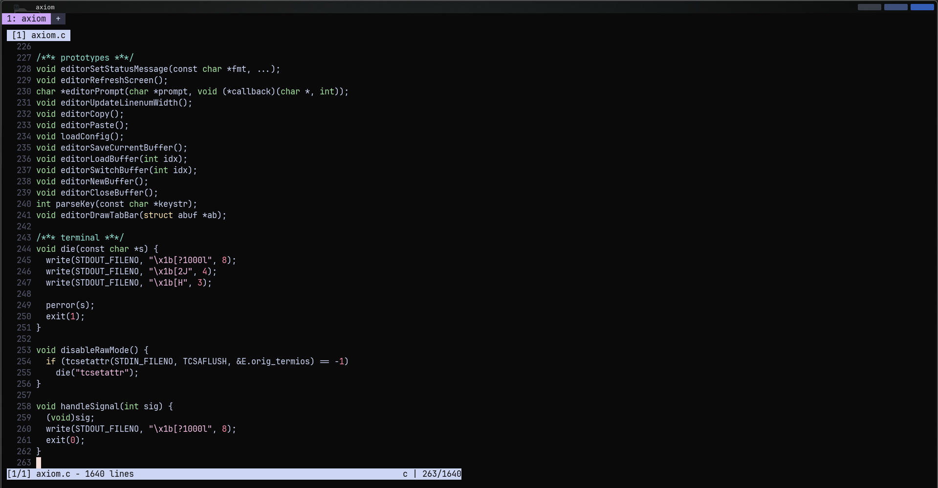 Axiom editing axiom.c with C syntax highlighting
