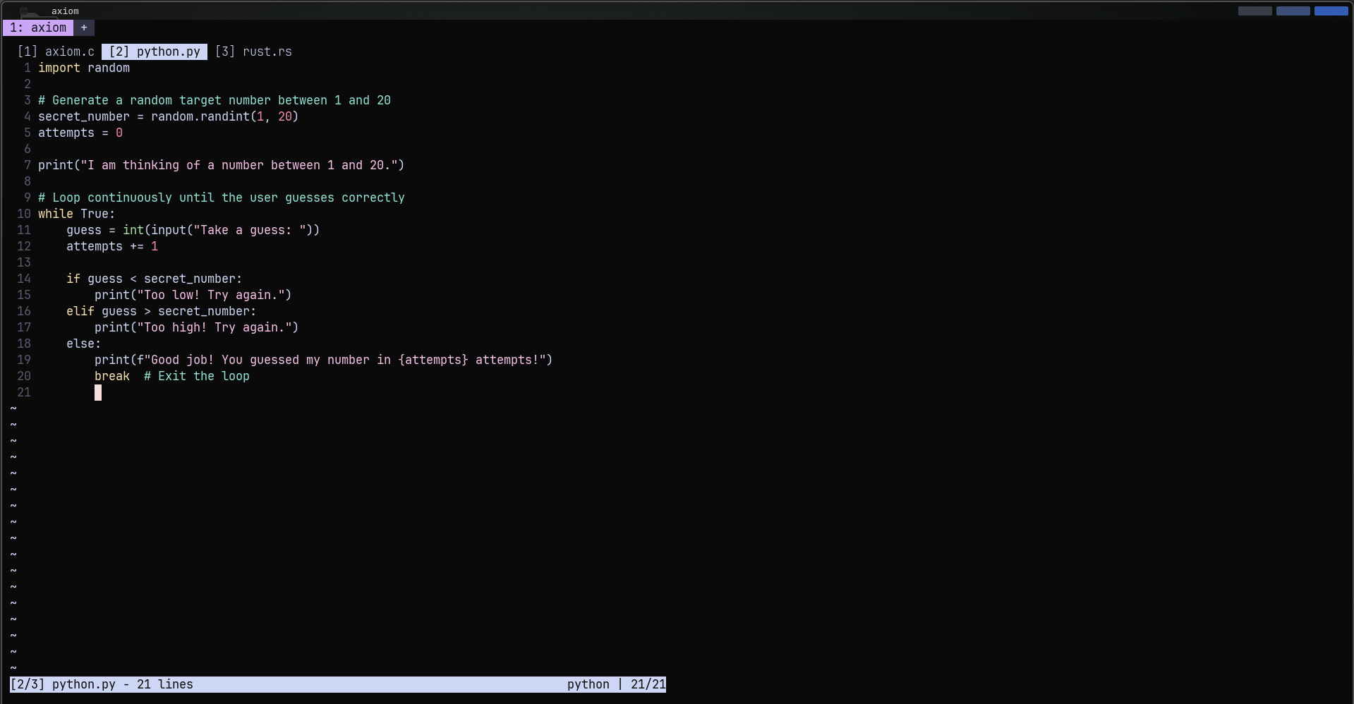 Axiom with three buffers open in the tab bar