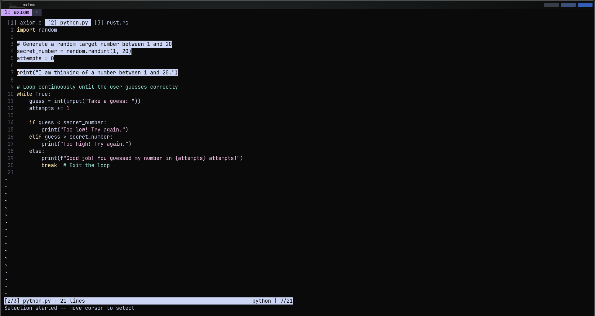 Axiom visual line selection active on a Python file